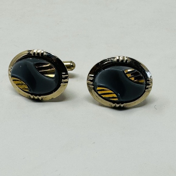 Vintage gold-tone & Gray Men's Oval Cufflinks Classic Charity Elegant Black Tie - Picture 6 of 6